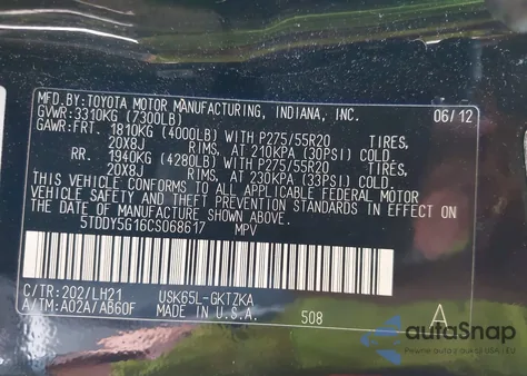 2012 Toyota Sequoia Platinum 5.7L V8 z USA, uszkodzony, nr VIN 5TDDY5G16CS068617